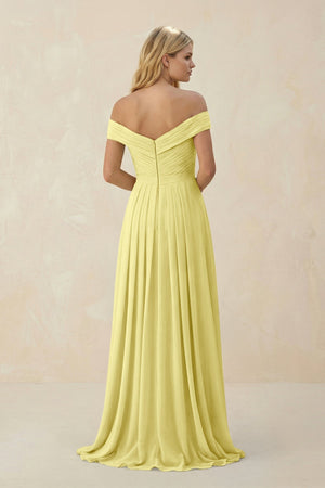 Off - the - Shoulder Pleated A - Line Chiffon Bridesmaid Dress in Buttercup - SHE IS ME Bridesmaid Dresses