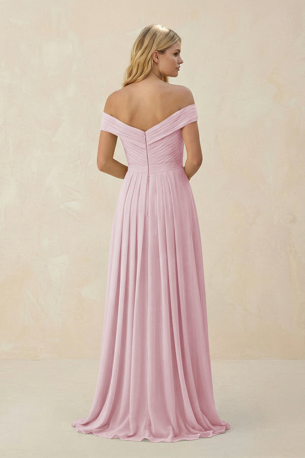 Off - the - Shoulder Pleated A - Line Chiffon Bridesmaid Dress in Candy Pink - SHE IS ME Bridesmaid Dresses