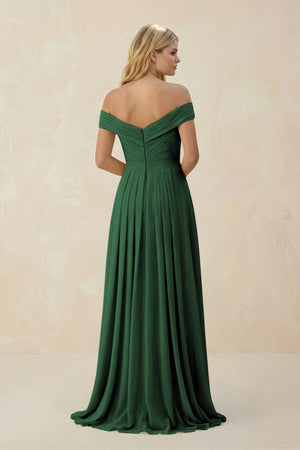 Off - the - Shoulder Pleated A - Line Chiffon Bridesmaid Dress in Dark Green - SHE IS ME Bridesmaid Dresses
