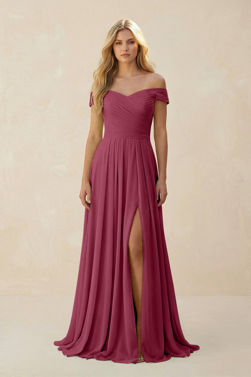 Off - the - Shoulder Pleated A - Line Chiffon Bridesmaid Dress in Desert Rose - SHE IS ME Bridesmaid Dresses