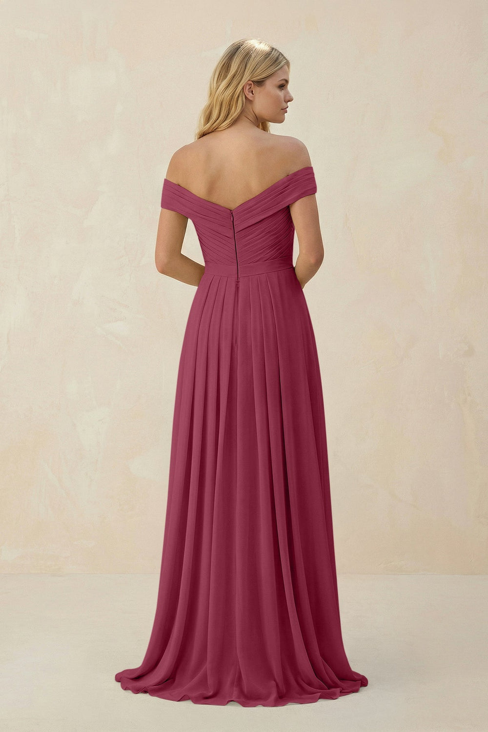 Off - the - Shoulder Pleated A - Line Chiffon Bridesmaid Dress in Desert Rose - SHE IS ME Bridesmaid Dresses