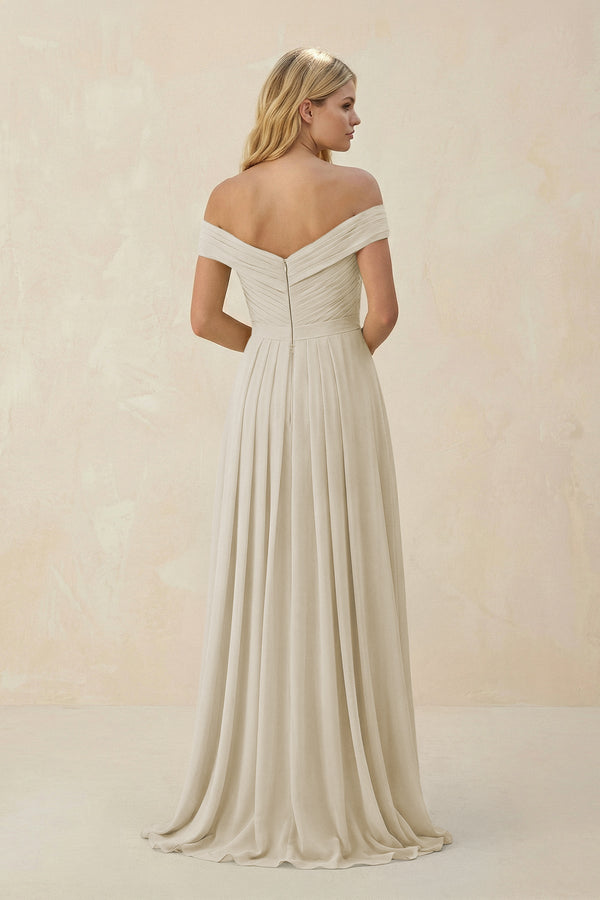 Off - the - Shoulder Pleated A - Line Chiffon Bridesmaid Dress in Dove Gray - SHE IS ME Bridesmaid Dresses