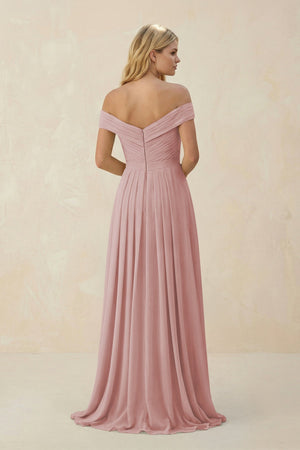Off - the - Shoulder Pleated A - Line Chiffon Bridesmaid Dress in Dusty Rose - SHE IS ME Bridesmaid Dresses