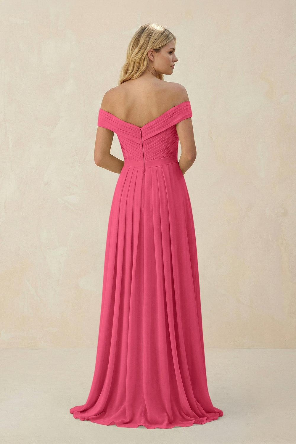 Off - the - Shoulder Pleated A - Line Chiffon Bridesmaid Dress in Fuchsia - SHE IS ME Bridesmaid Dresses