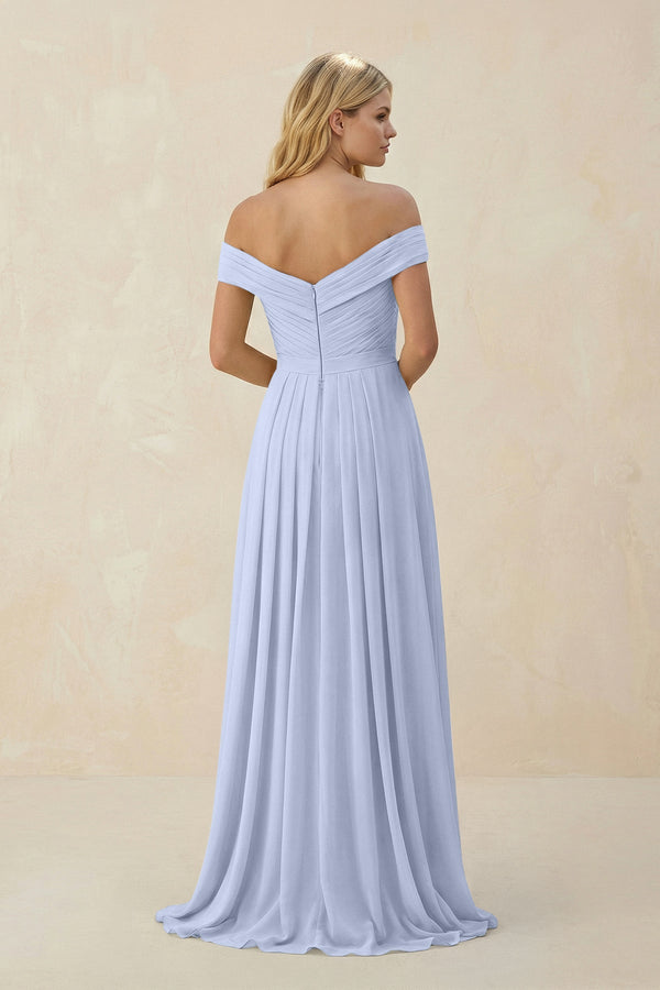 Off - the - Shoulder Pleated A - Line Chiffon Bridesmaid Dress in Ice - SHE IS ME Bridesmaid Dresses