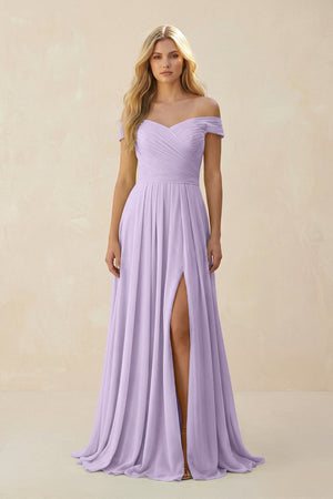 Off - the - Shoulder Pleated A - Line Chiffon Bridesmaid Dress in Lavender - SHE IS ME Bridesmaid Dresses