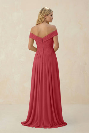 Off - the - Shoulder Pleated A - Line Chiffon Bridesmaid Dress in Merlot - SHE IS ME Bridesmaid Dresses