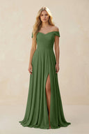 Off - the - Shoulder Pleated A - Line Chiffon Bridesmaid Dress in Moss - SHE IS ME Bridesmaid Dresses