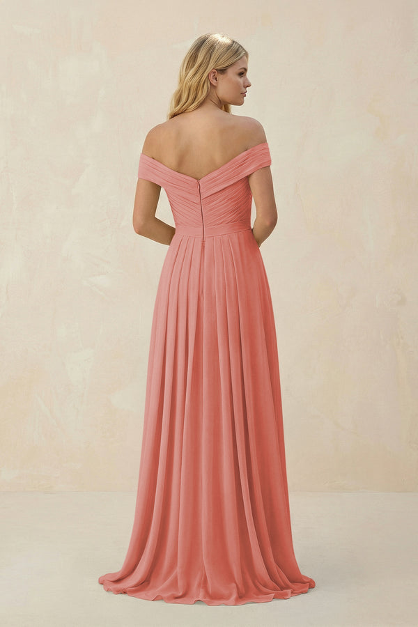 Off - the - Shoulder Pleated A - Line Chiffon Bridesmaid Dress in Mulberry - SHE IS ME Bridesmaid Dresses