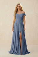 Off - the - Shoulder Pleated A - Line Chiffon Bridesmaid Dress in Neptune - SHE IS ME Bridesmaid Dresses
