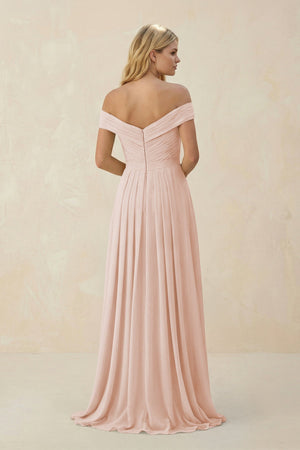 Off - the - Shoulder Pleated A - Line Chiffon Bridesmaid Dress in Pale Blush - SHE IS ME Bridesmaid Dresses
