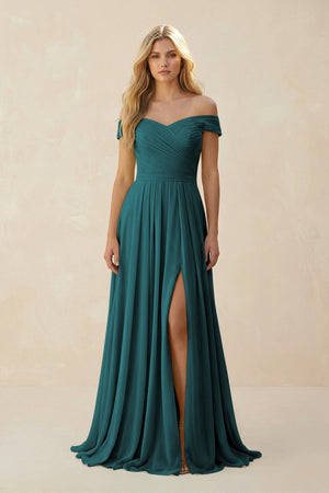 Off - the - Shoulder Pleated A - Line Chiffon Bridesmaid Dress in Pine - SHE IS ME Bridesmaid Dresses
