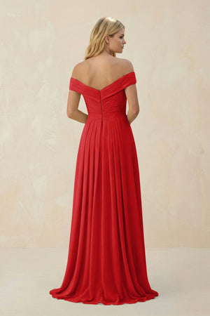 Off - the - Shoulder Pleated A - Line Chiffon Bridesmaid Dress in Ruby Red - SHE IS ME Bridesmaid Dresses