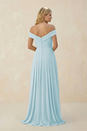 Off - the - Shoulder Pleated A - Line Chiffon Bridesmaid Dress in Sky Blue - SHE IS ME Bridesmaid Dresses