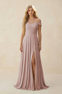 Off - the - Shoulder Pleated A - Line Chiffon Bridesmaid Dress in Toffee - SHE IS ME Bridesmaid Dresses