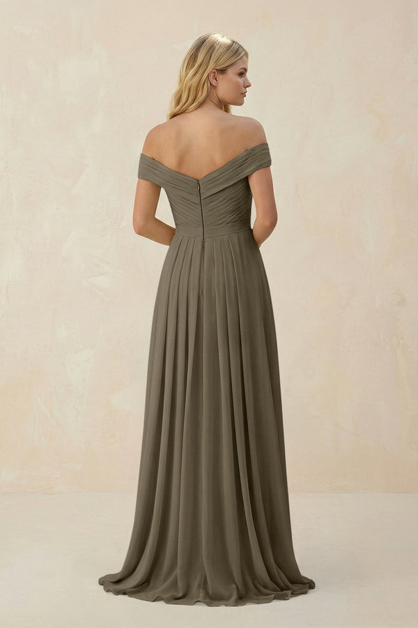 Off - the - Shoulder Pleated A - Line Chiffon Bridesmaid Dress in Willow Green - SHE IS ME Bridesmaid Dresses