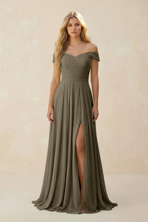 Off - the - Shoulder Pleated A - Line Chiffon Bridesmaid Dress in Willow Green - SHE IS ME Bridesmaid Dresses