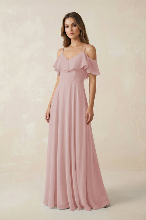 Off - the - Shoulder Ruffled A - Line Chiffon Bridesmaid Dress in Dusty Rose - SHE IS ME Bridesmaid Dresses