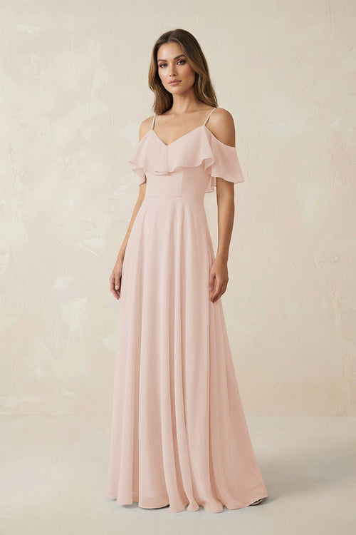 Off - the - Shoulder Ruffled A - Line Chiffon Bridesmaid Dress in Pale Blush - SHE IS ME Bridesmaid Dresses
