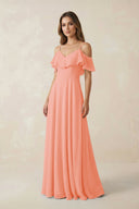 Off - the - Shoulder Ruffled A - Line Chiffon Bridesmaid Dress in Rosette - SHE IS ME Bridesmaid Dresses