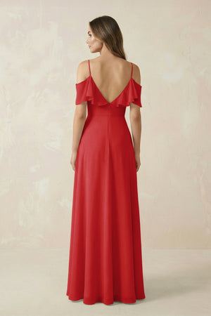 Off - the - Shoulder Ruffled A - Line Chiffon Bridesmaid Dress in Ruby Red - SHE IS ME Bridesmaid Dresses