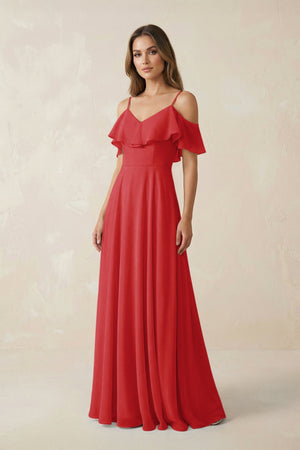 Off - the - Shoulder Ruffled A - Line Chiffon Bridesmaid Dress in Ruby Red - SHE IS ME Bridesmaid Dresses