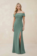 Off - the - Shoulder Satin Sheath Bridesmaid Dress With Slit in Sea Glass - SHE IS ME Bridesmaid Dresses