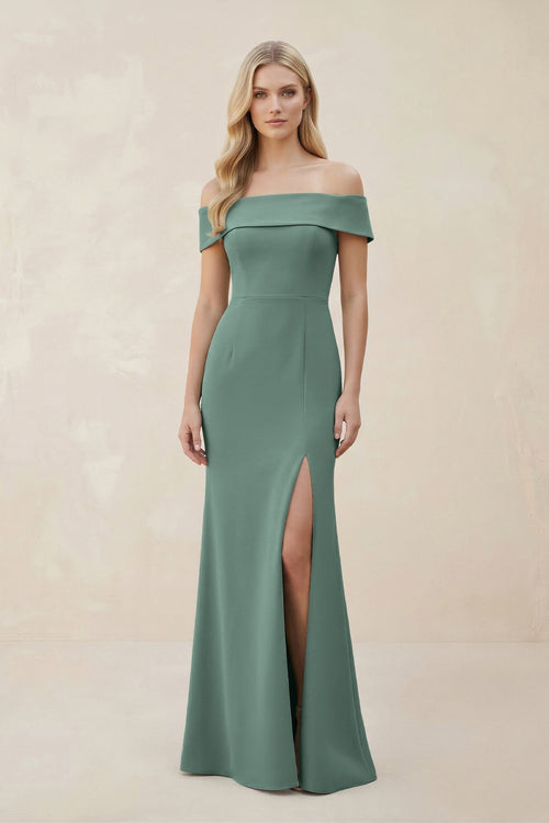 Off - the - Shoulder Satin Sheath Bridesmaid Dress With Slit in Sea Glass - SHE IS ME Bridesmaid Dresses