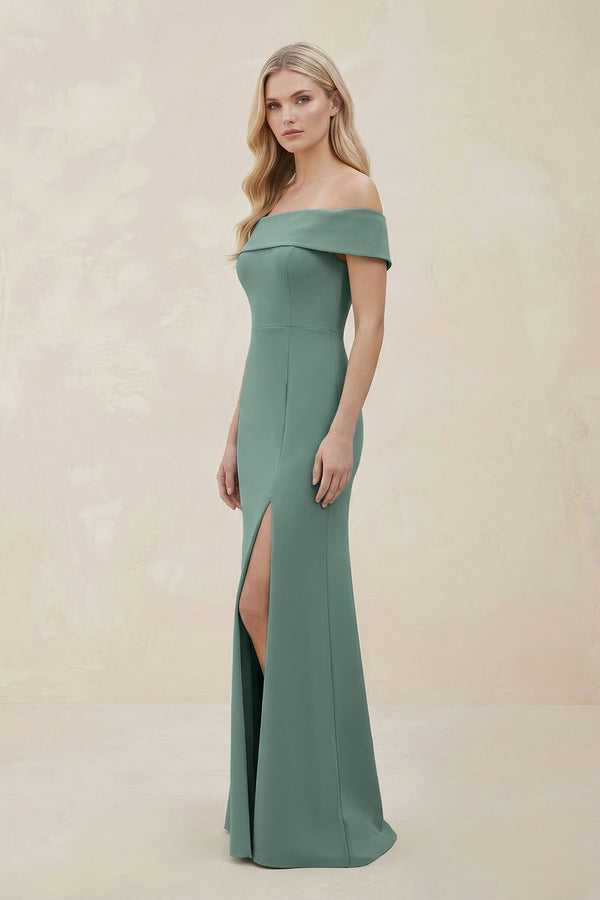 Off - the - Shoulder Satin Sheath Bridesmaid Dress With Slit in Sea Glass - SHE IS ME Bridesmaid Dresses