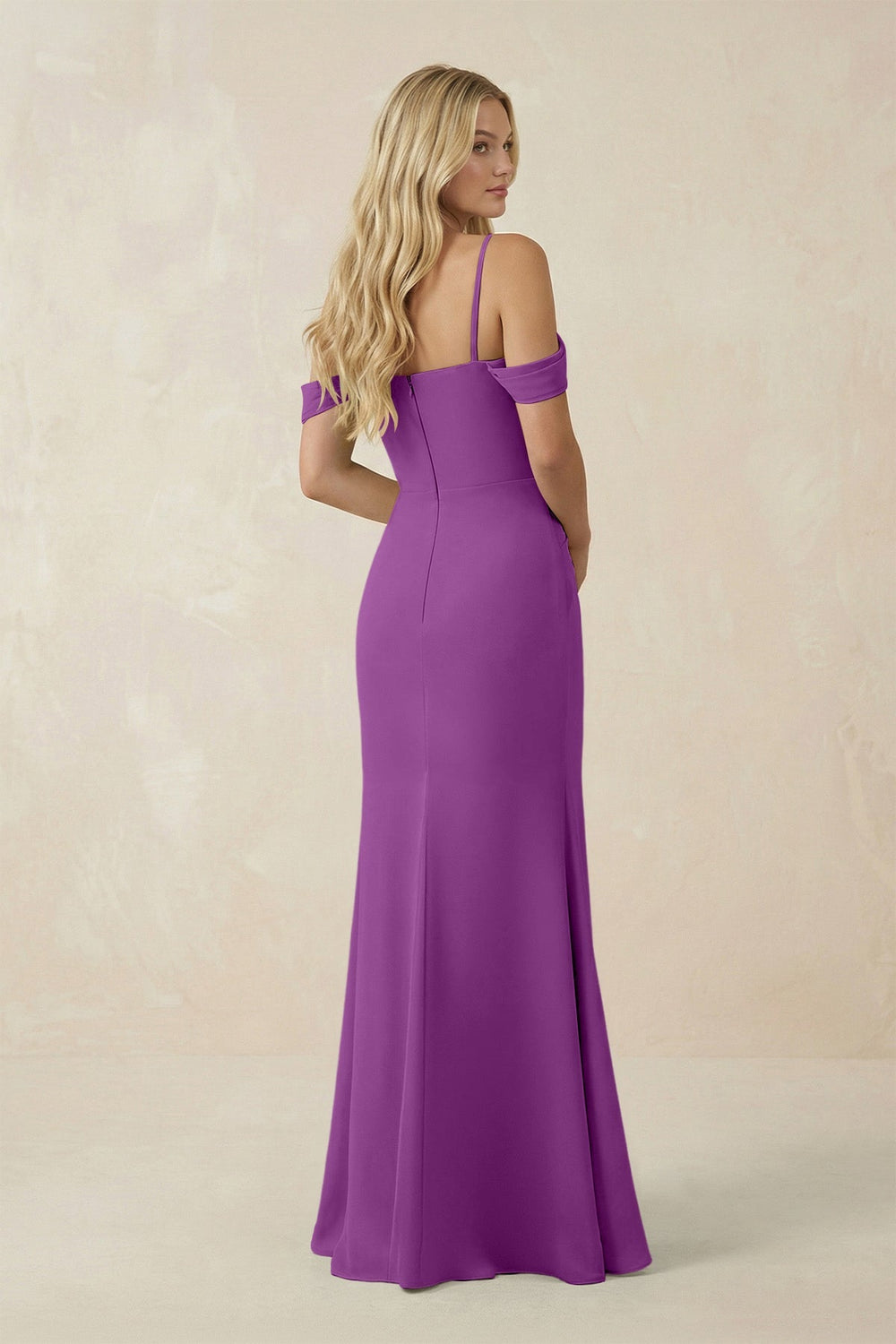 Off - the - Shoulder Sheath Chiffon Ruched Bridesmaid Dress in Amethyst - SHE IS ME Bridesmaid Dresses