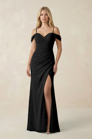 Off - the - Shoulder Sheath Chiffon Ruched Bridesmaid Dress in Black - SHE IS ME Bridesmaid Dresses