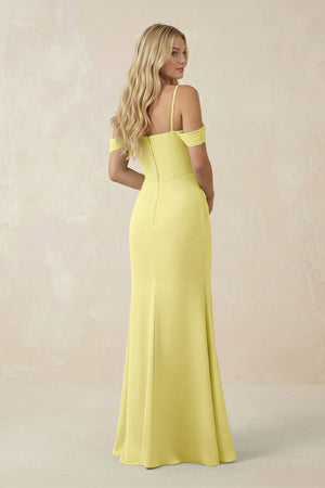 Off - the - Shoulder Sheath Chiffon Ruched Bridesmaid Dress in Buttercup - SHE IS ME Bridesmaid Dresses