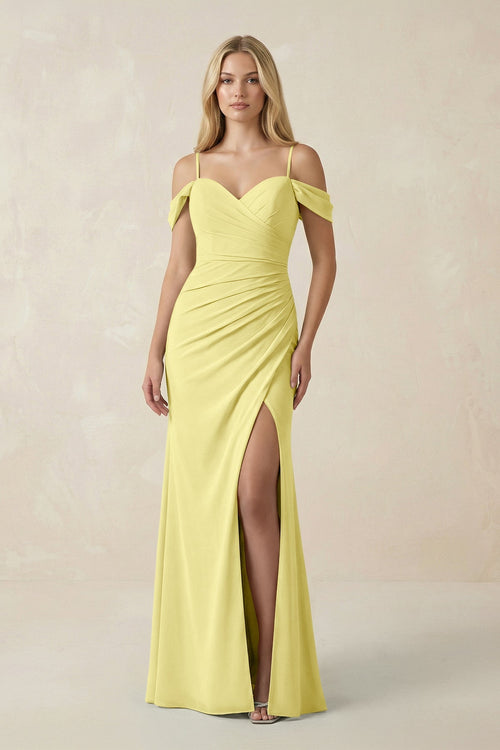 Off - the - Shoulder Sheath Chiffon Ruched Bridesmaid Dress in Buttercup - SHE IS ME Bridesmaid Dresses