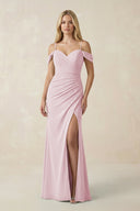 Off - the - Shoulder Sheath Chiffon Ruched Bridesmaid Dress in Candy Pink - SHE IS ME Bridesmaid Dresses