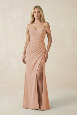 Off - the - Shoulder Sheath Chiffon Ruched Bridesmaid Dress in Champagne Rose - SHE IS ME Bridesmaid Dresses