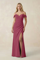 Off - the - Shoulder Sheath Chiffon Ruched Bridesmaid Dress in Desert Rose - SHE IS ME Bridesmaid Dresses