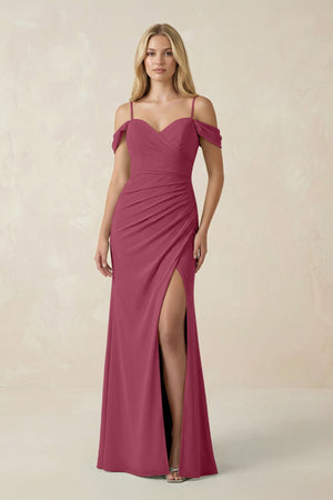 Off - the - Shoulder Sheath Chiffon Ruched Bridesmaid Dress in Desert Rose - SHE IS ME Bridesmaid Dresses