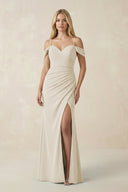 Off - the - Shoulder Sheath Chiffon Ruched Bridesmaid Dress in Dove Gray - SHE IS ME Bridesmaid Dresses