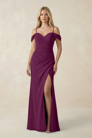 Off - the - Shoulder Sheath Chiffon Ruched Bridesmaid Dress in Fig - SHE IS ME Bridesmaid Dresses