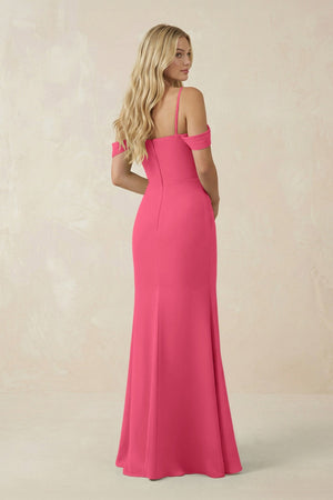 Off - the - Shoulder Sheath Chiffon Ruched Bridesmaid Dress in Fuchsia - SHE IS ME Bridesmaid Dresses