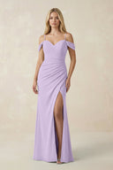 Off - the - Shoulder Sheath Chiffon Ruched Bridesmaid Dress in Lavender - SHE IS ME Bridesmaid Dresses