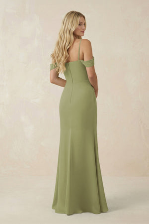 Off - the - Shoulder Sheath Chiffon Ruched Bridesmaid Dress in Moss Green - SHE IS ME Bridesmaid Dresses