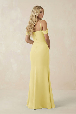 Off - the - Shoulder Sheath Chiffon Ruched Bridesmaid Dress in Pastel Yellow - SHE IS ME Bridesmaid Dresses