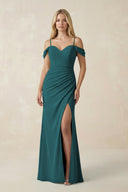 Off - the - Shoulder Sheath Chiffon Ruched Bridesmaid Dress in Pine - SHE IS ME Bridesmaid Dresses