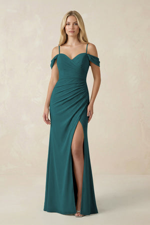 Off - the - Shoulder Sheath Chiffon Ruched Bridesmaid Dress in Pine - SHE IS ME Bridesmaid Dresses