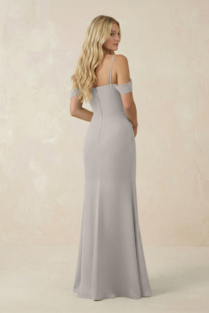 Off - the - Shoulder Sheath Chiffon Ruched Bridesmaid Dress in Silver - SHE IS ME Bridesmaid Dresses
