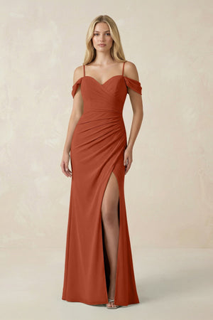 Off - the - Shoulder Sheath Chiffon Ruched Bridesmaid Dress in Spice - SHE IS ME Bridesmaid Dresses