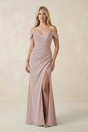 Off - the - Shoulder Sheath Chiffon Ruched Bridesmaid Dress in Toffee - SHE IS ME Bridesmaid Dresses