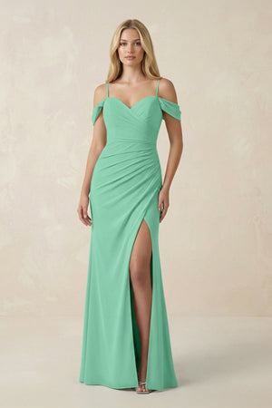 Off - the - Shoulder Sheath Chiffon Ruched Bridesmaid Dress in Turquoise - SHE IS ME Bridesmaid Dresses