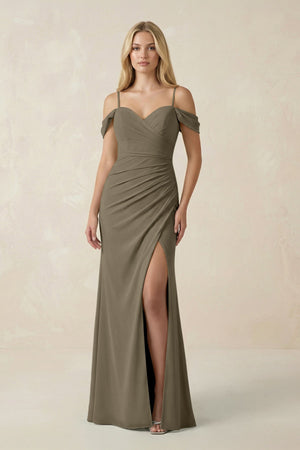 Off - the - Shoulder Sheath Chiffon Ruched Bridesmaid Dress in Willow Green - SHE IS ME Bridesmaid Dresses